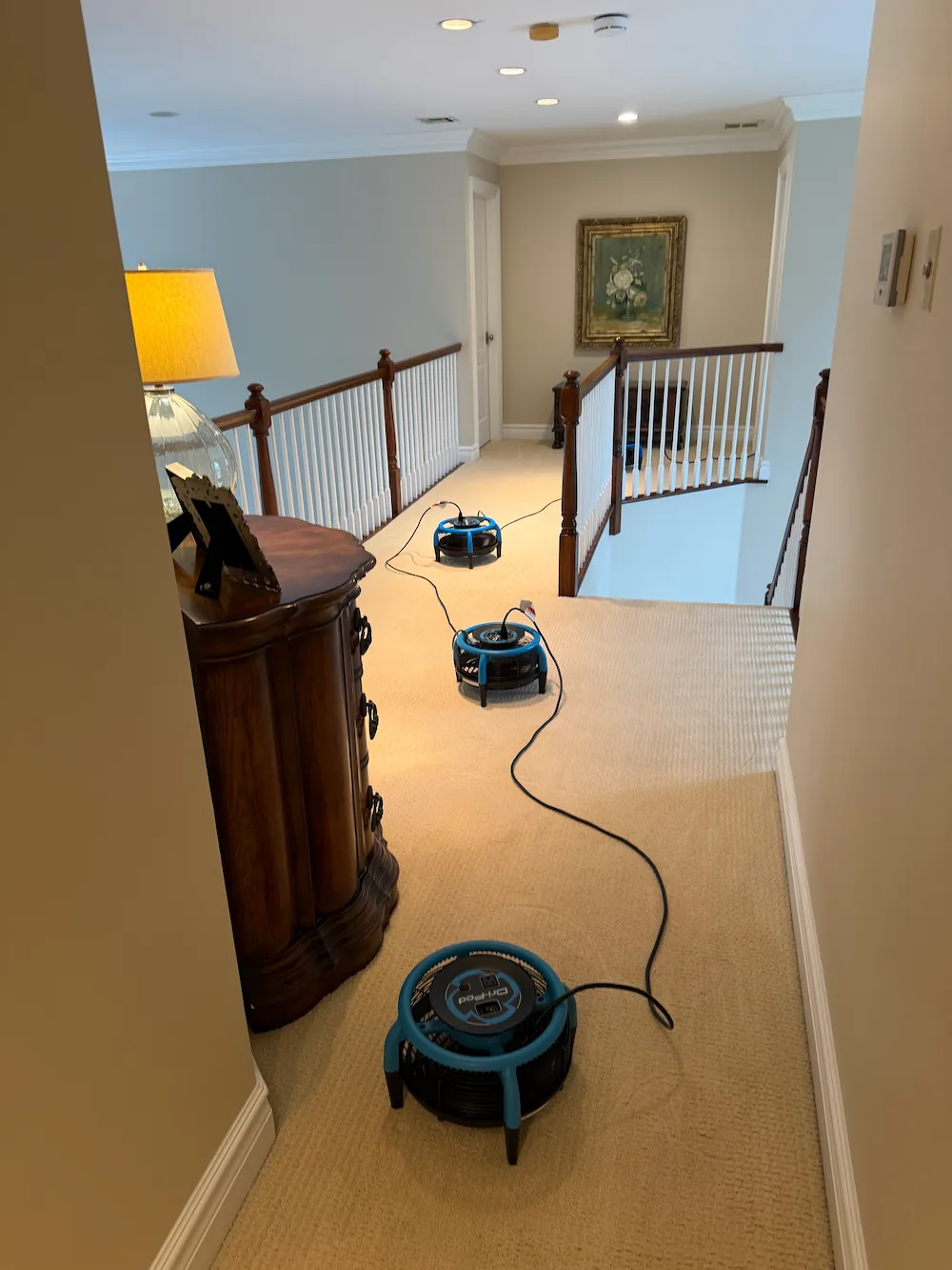 Upstairs carpeted hallway drying with air movers after carpet cleaning in a Monmouth County, NJ home