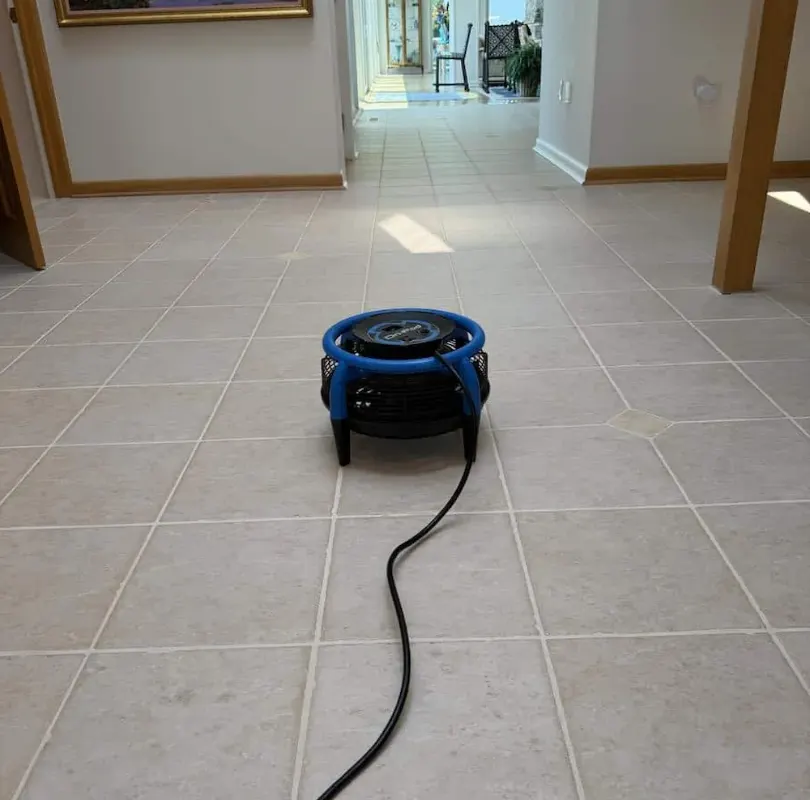 Cleaned tile and grout floor in a hallway with a drying fan running