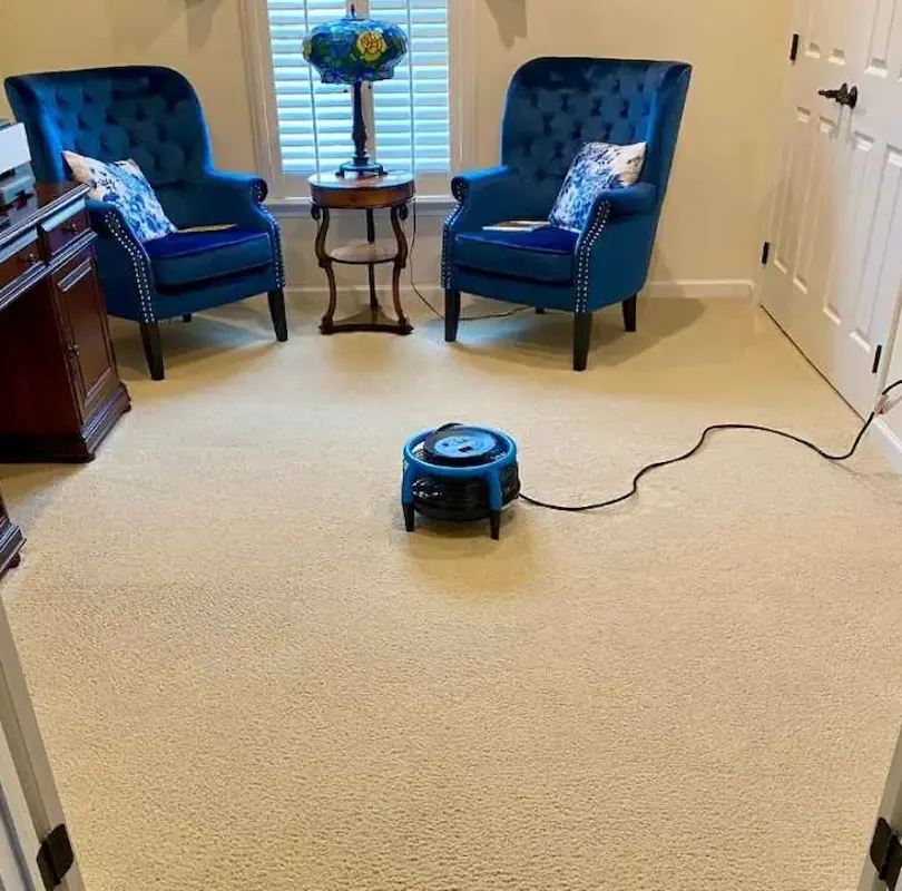 Sitting room carpet drying with an air mover after cleaning