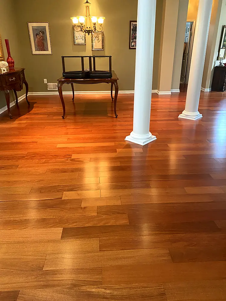 Brazilian cherry hardwood floor after cleaning in a formal living room