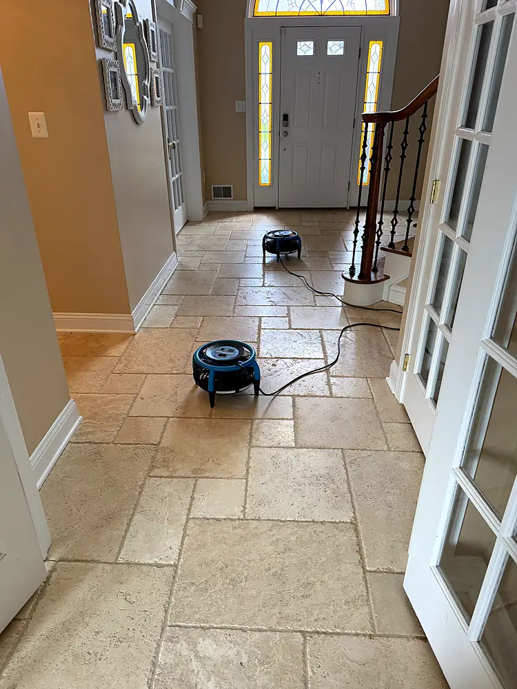 Travertine entryway drying with air movers after natural stone cleaning