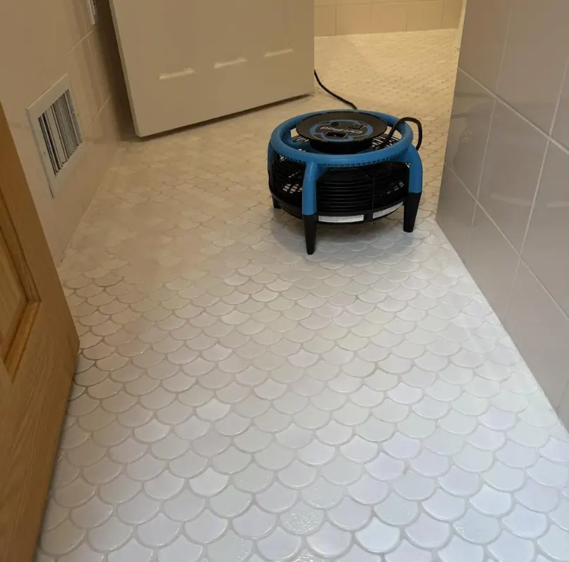 Penny-tile bathroom floor drying with an air mover after cleaning