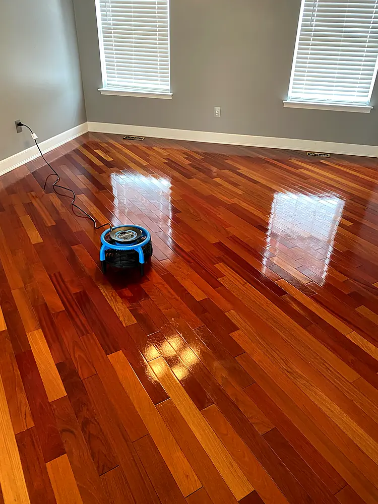 Fresh coat of polyurethane drying on a hardwood floor in a Monmouth County, NJ home
