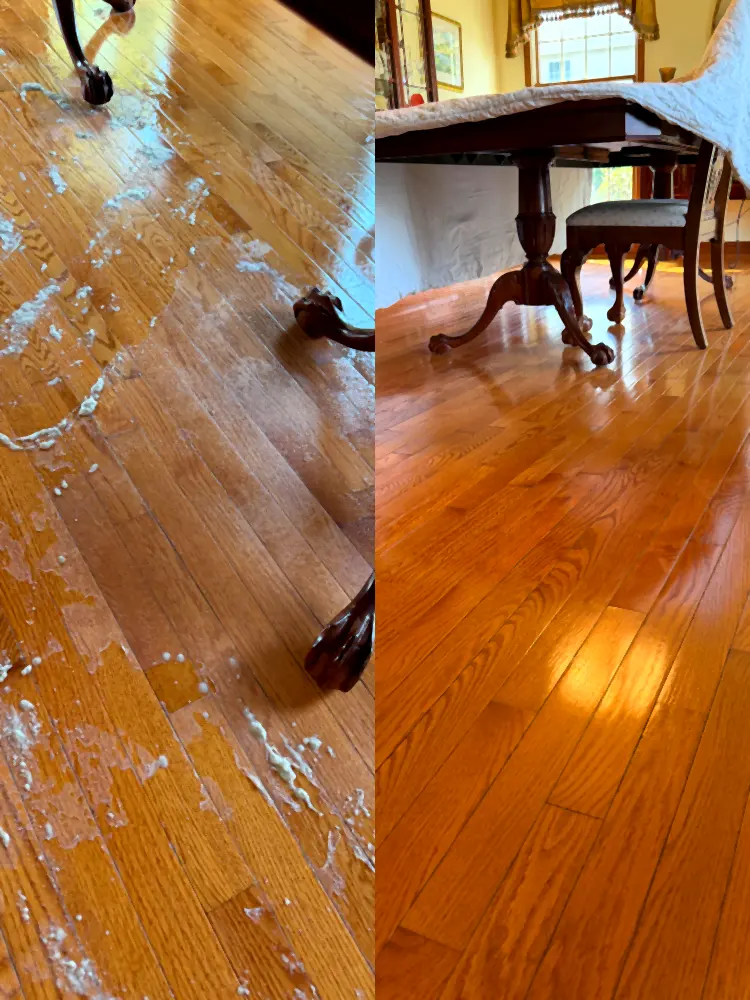 Hardwood floor before and after acrylic wax removal in a Monmouth County, NJ home, with peeling wax buildup on the left and the restored finish on the right