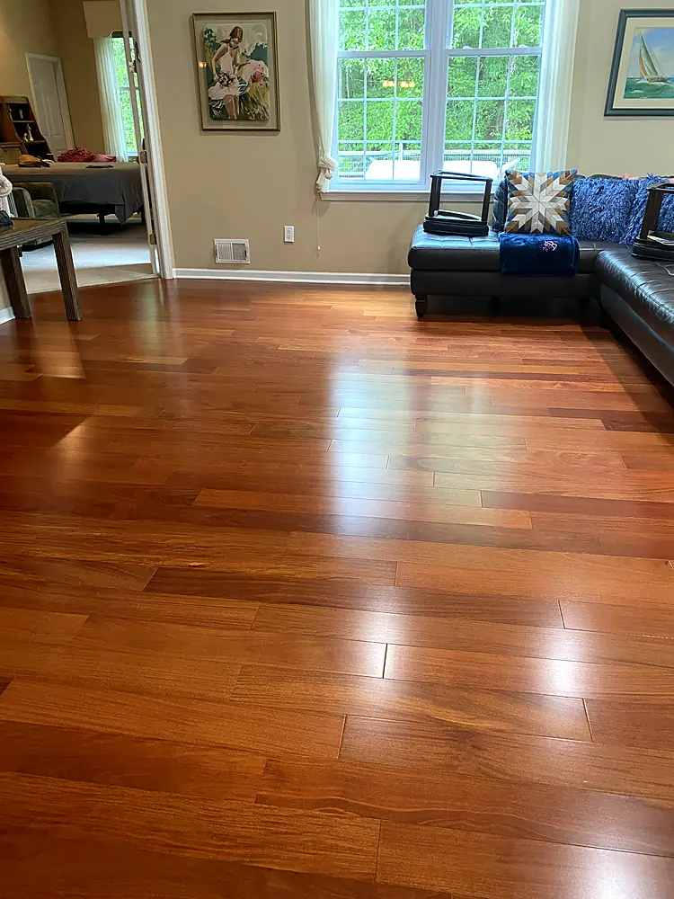 Cherry hardwood living room floor after cleaning in a Monmouth County, NJ home