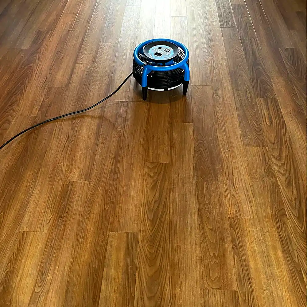 Air mover drying a dark vinyl plank floor after laminate and vinyl floor cleaning in a Monmouth County, NJ home