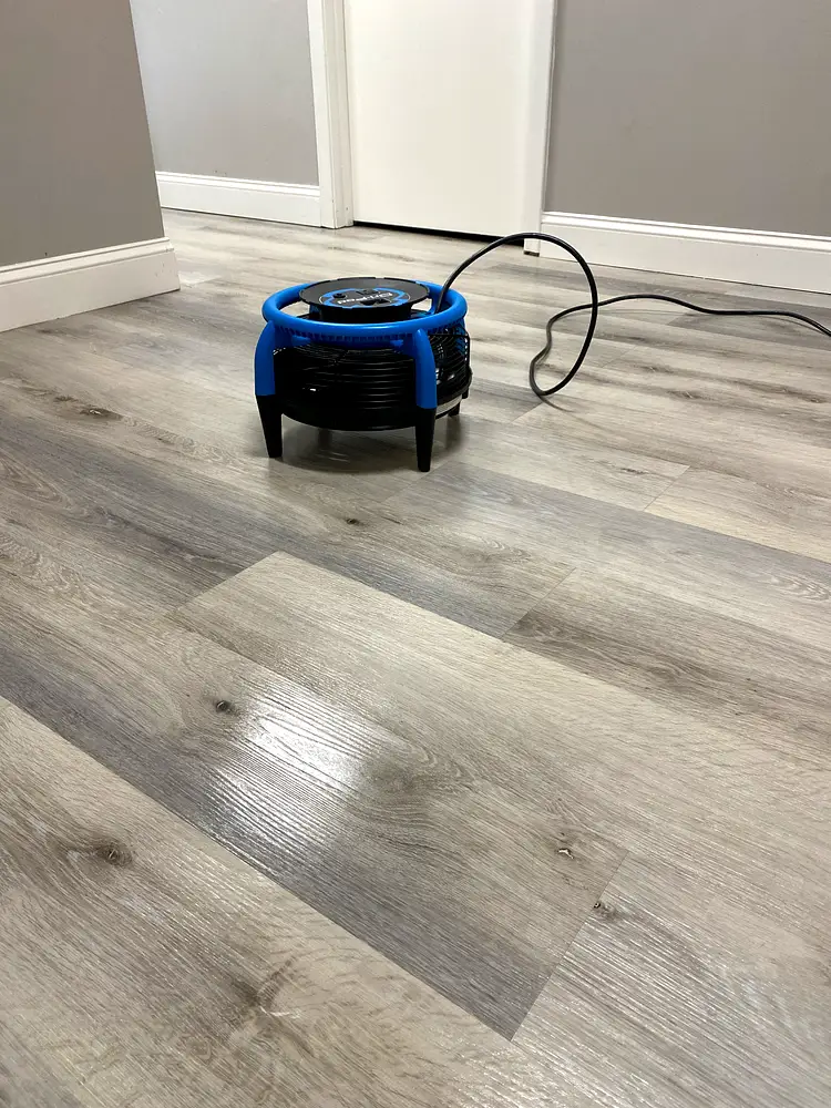 Whitewashed laminate plank floor drying after cleaning in Monmouth County, NJ