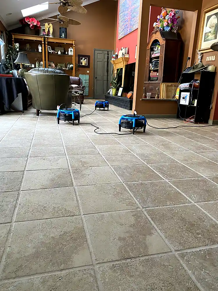 Stone tile floor in a great room drying with air movers after natural stone cleaning