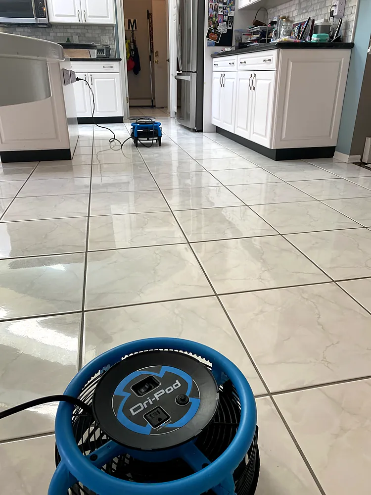 Polished tile kitchen floor drying with an air mover after cleaning