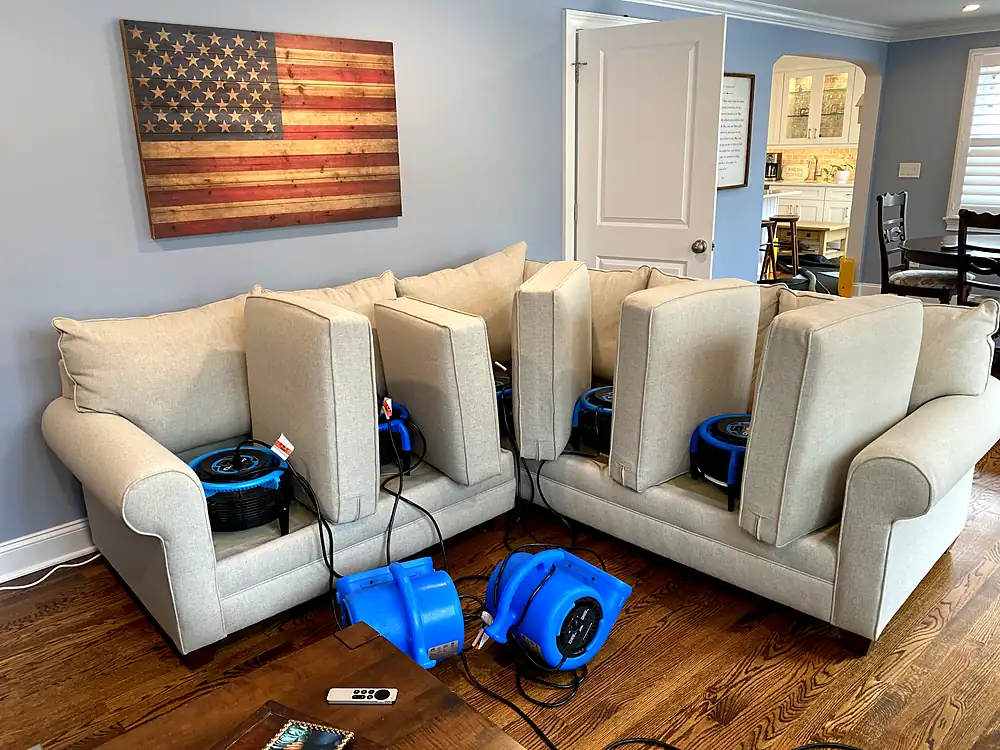Two matching sofas drying with air movers after upholstery cleaning
