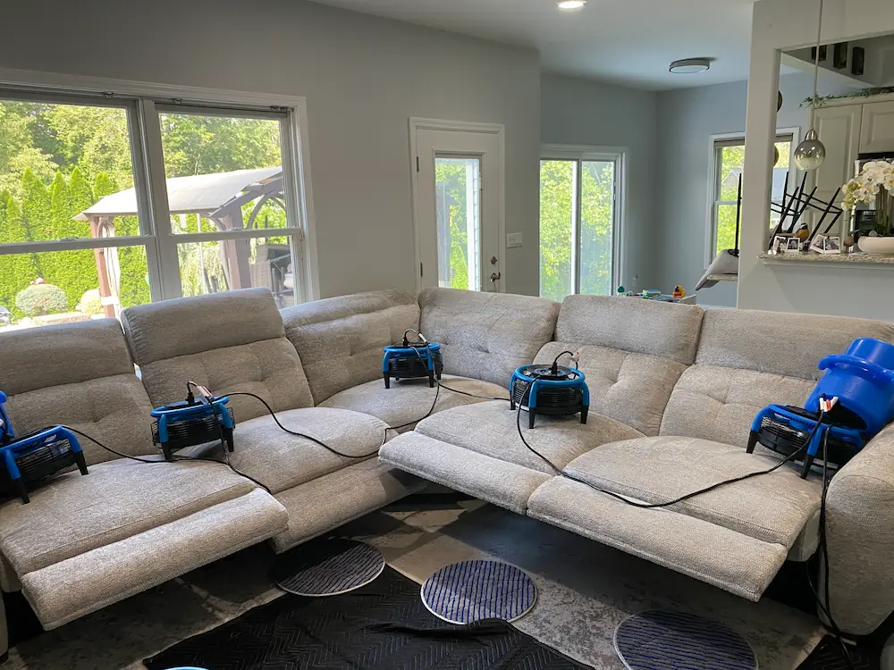 Reclining sectional drying with air movers after upholstery cleaning in a Monmouth County, NJ home